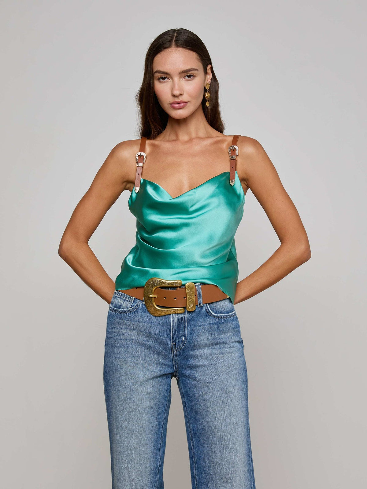 Lux Silk Buckle-Strap Camisole in Sage Lagoon