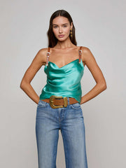 Lux Silk Buckle-Strap Camisole in Sage Lagoon
