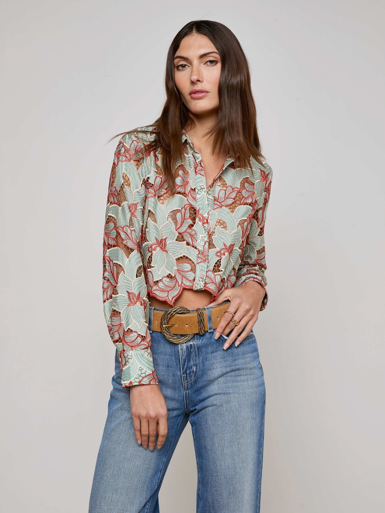 Akemi Cropped Lace Top in Multi Colored Eyelet