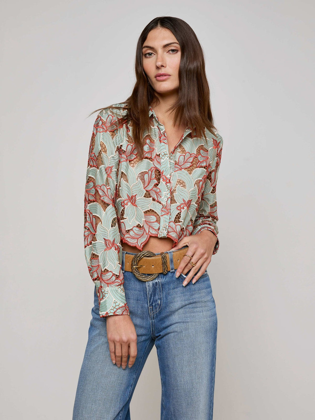 Akemi Cropped Lace Top in Multi Colored Eyelet
