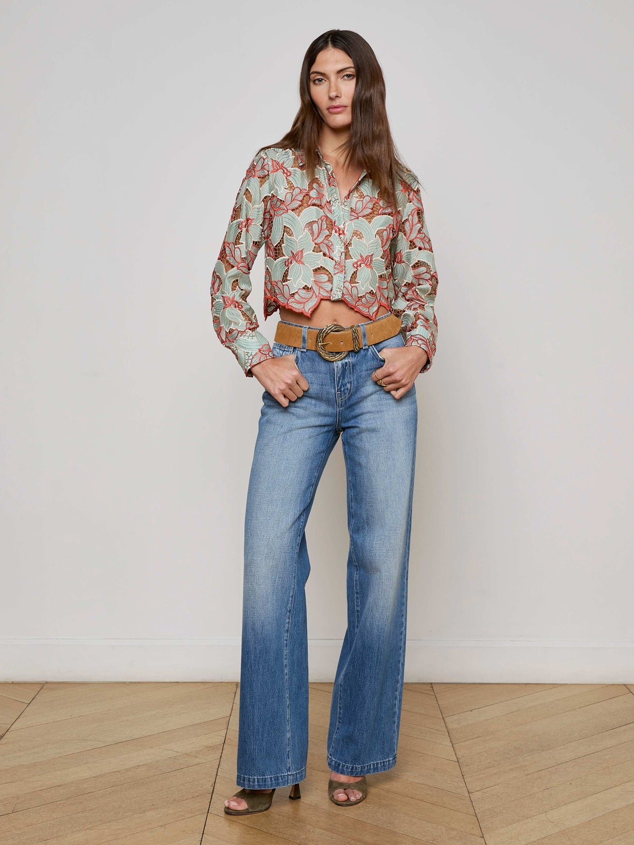 Akemi Cropped Lace Top in Multi Colored Eyelet