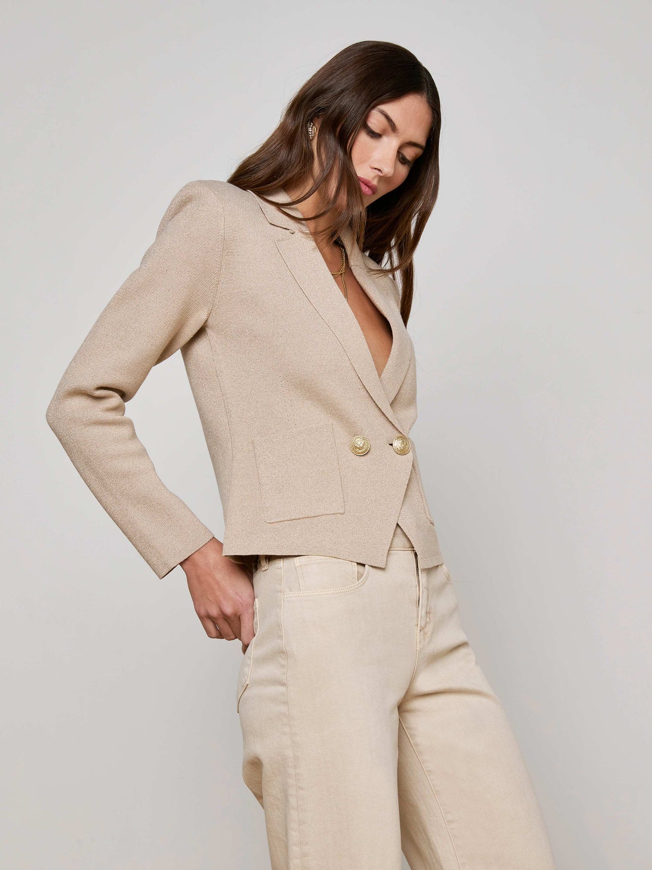 Sofia Knit Blazer in Pale Khaki/Gold