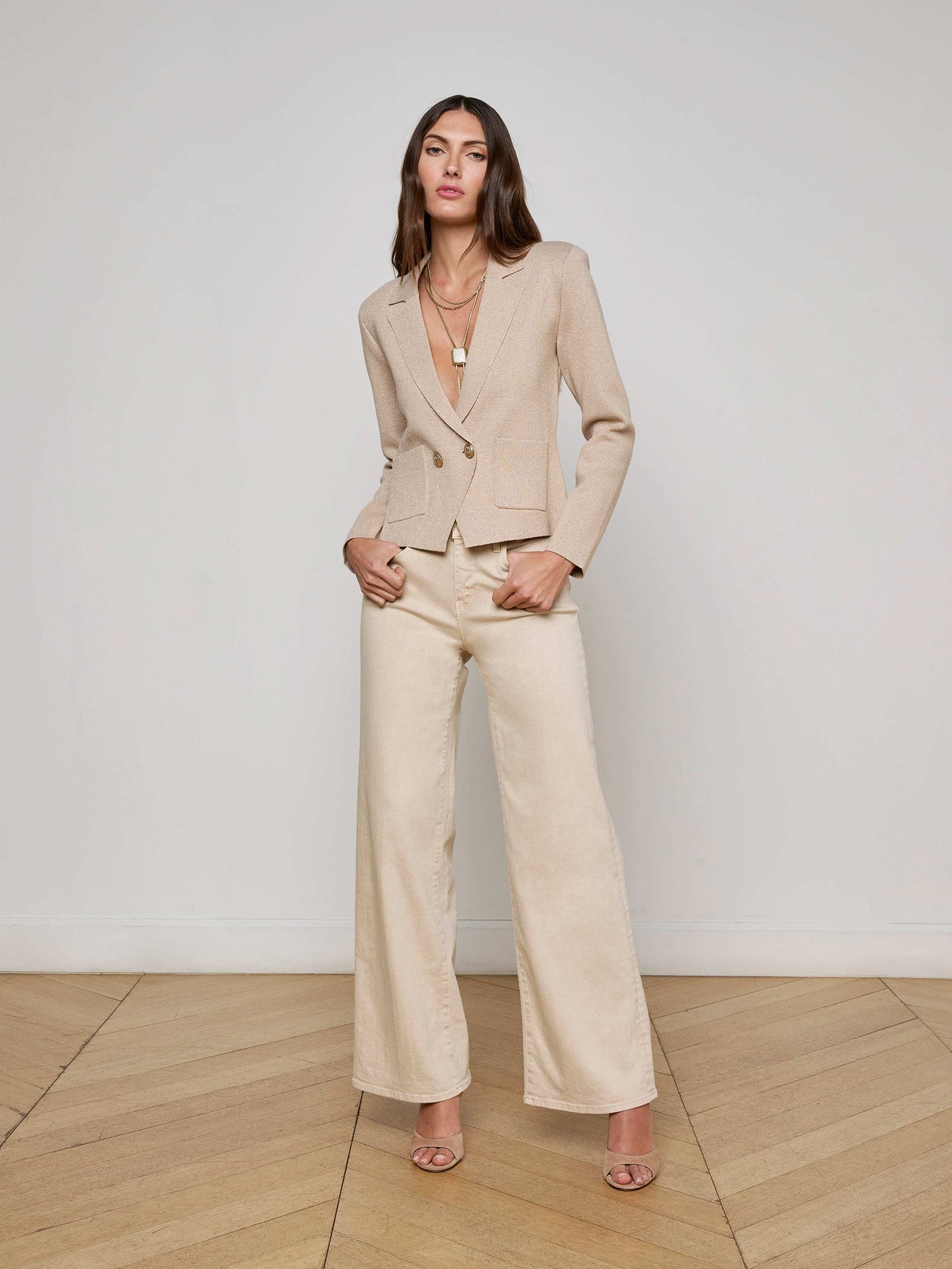 Sofia Knit Blazer in Pale Khaki/Gold