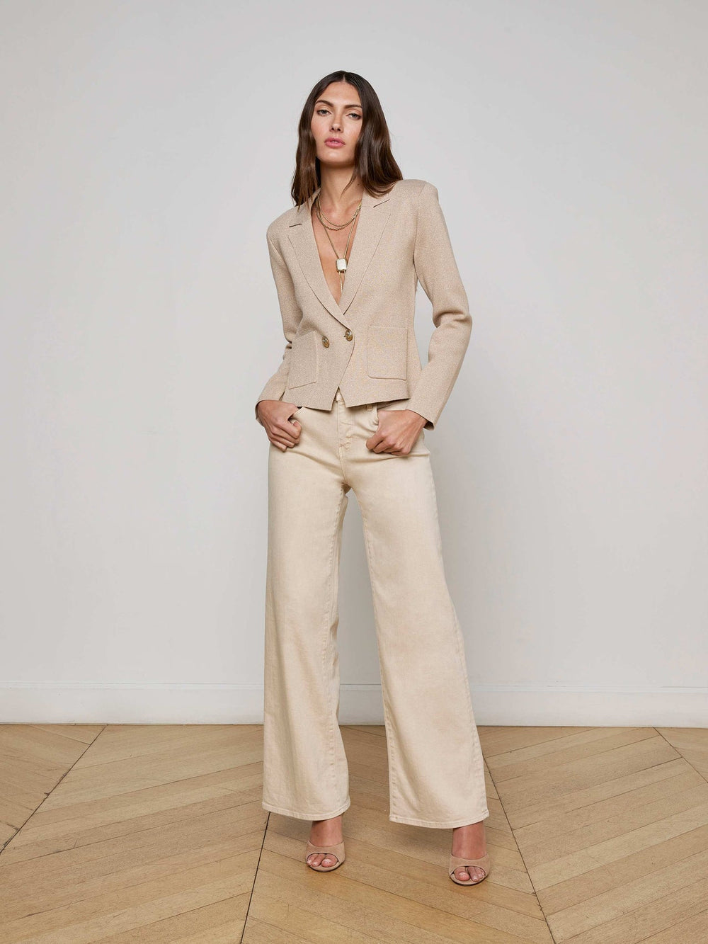 Sofia Knit Blazer in Pale Khaki/Gold