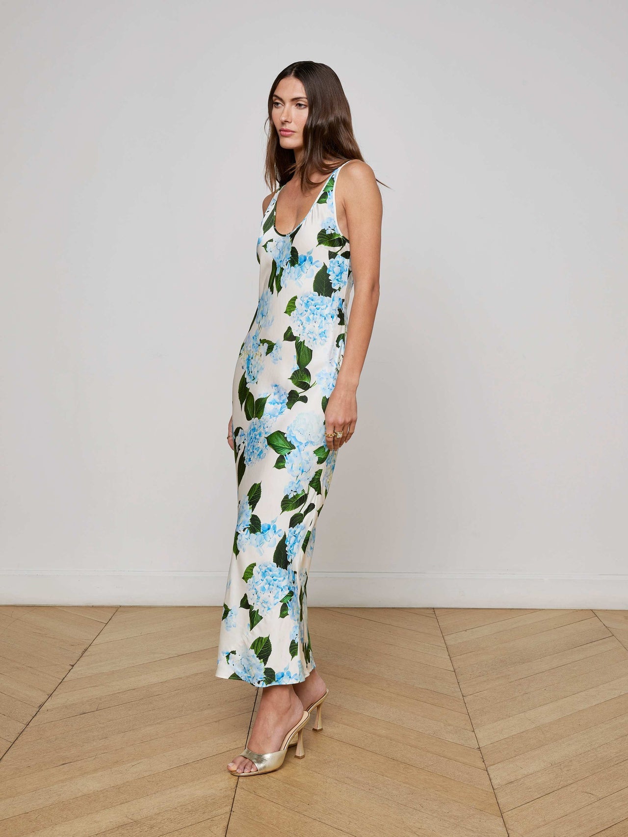 Akiya Satin Maxi Dress in Ivory/Light Blue Large Hydrangea
