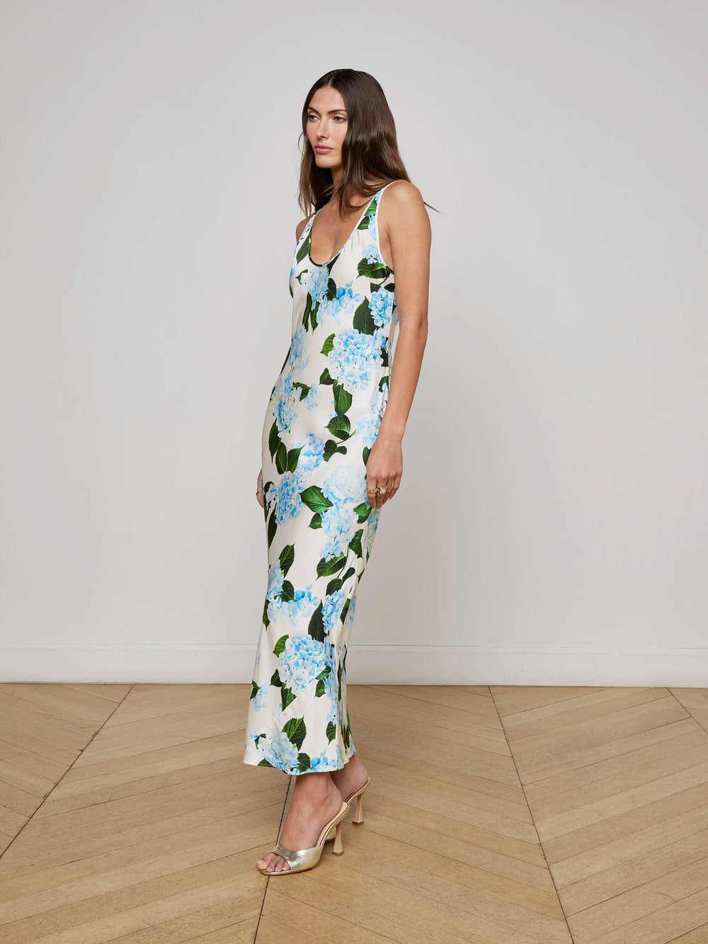 Akiya Satin Maxi Dress in Ivory/Light Blue Large Hydrangea