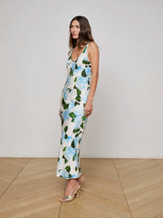 Akiya Satin Maxi Dress in Ivory/Light Blue Large Hydrangea