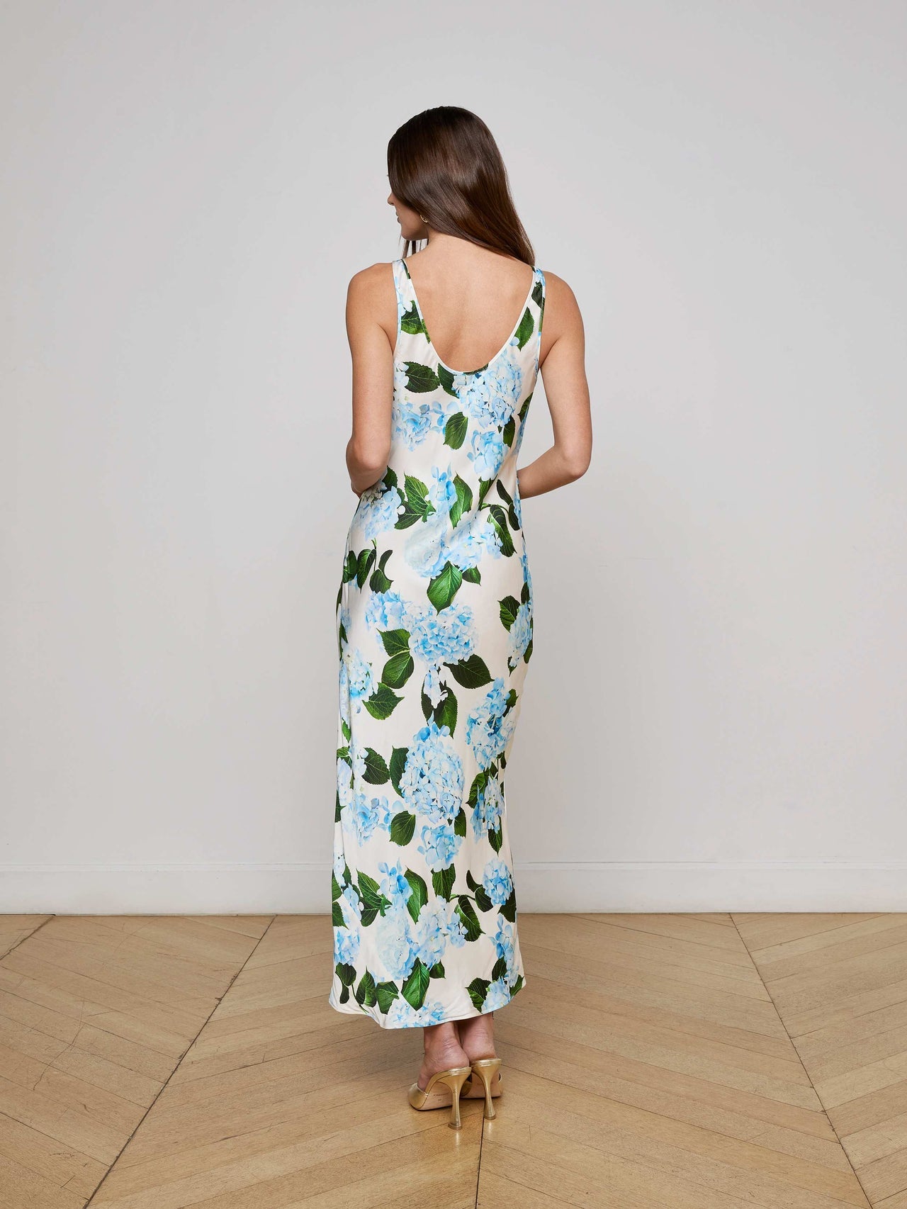 Akiya Satin Maxi Dress in Ivory/Light Blue Large Hydrangea