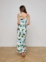 Akiya Satin Maxi Dress in Ivory/Light Blue Large Hydrangea