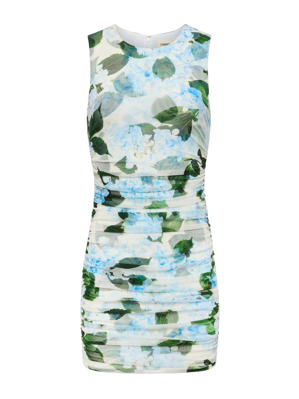 Sallie Ruched Mini Dress in Ivory/Light Blue Large Hydrangea - L'AGENCE