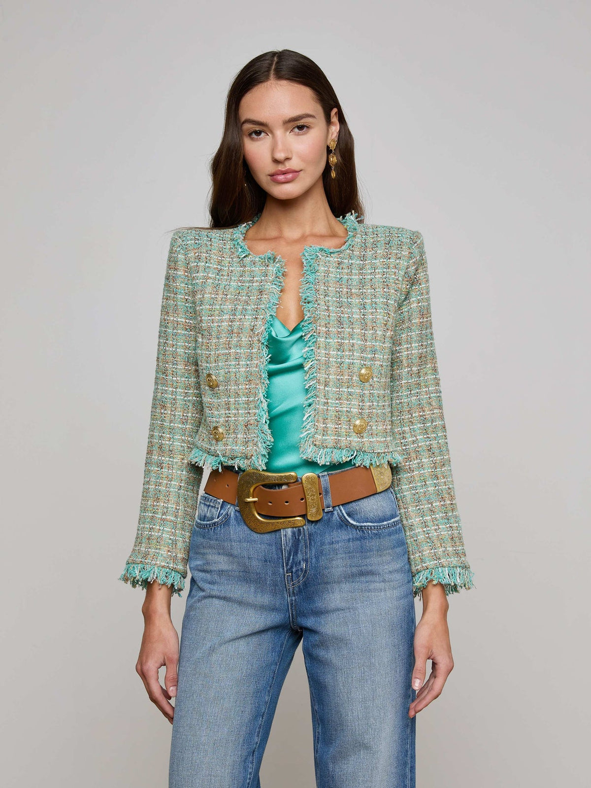 Clydie Cropped Tweed Jacket in Lagoon/Light Brown Tweed