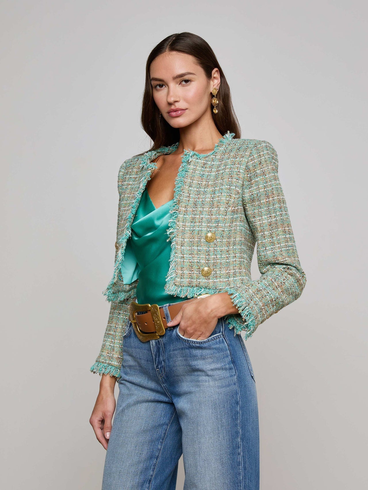 Clydie Cropped Tweed Jacket in Lagoon/Light Brown Tweed