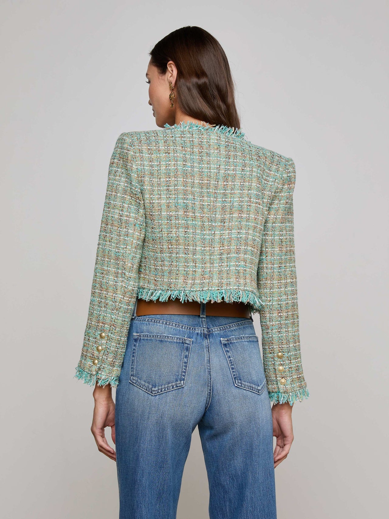 Clydie Cropped Tweed Jacket in Lagoon/Light Brown Tweed