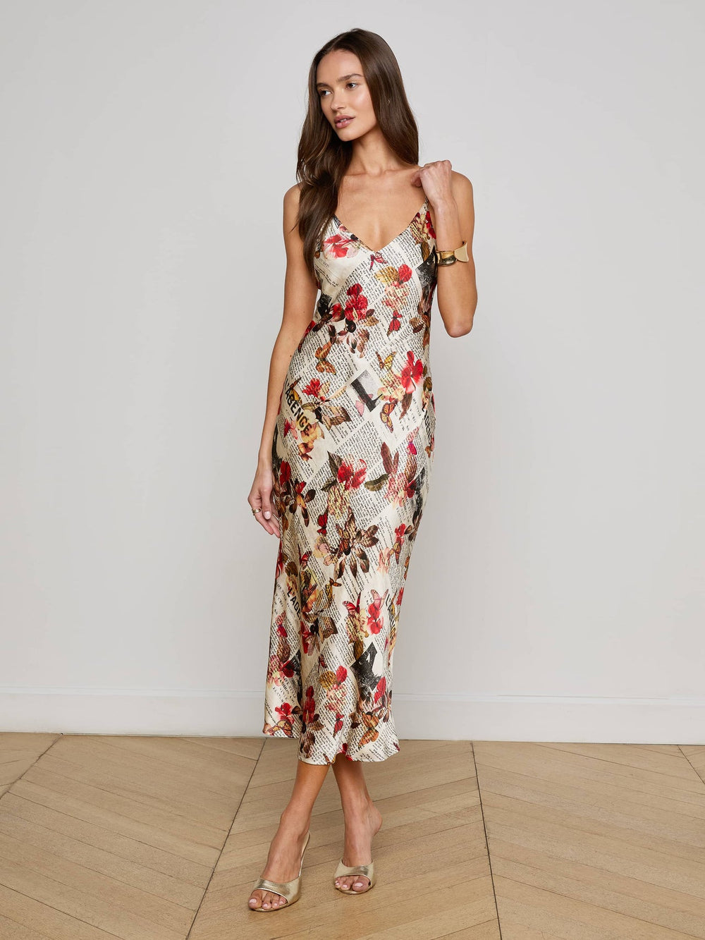 Seridie Silk Slip Dress in Multi Butterfly Rose Newspaper