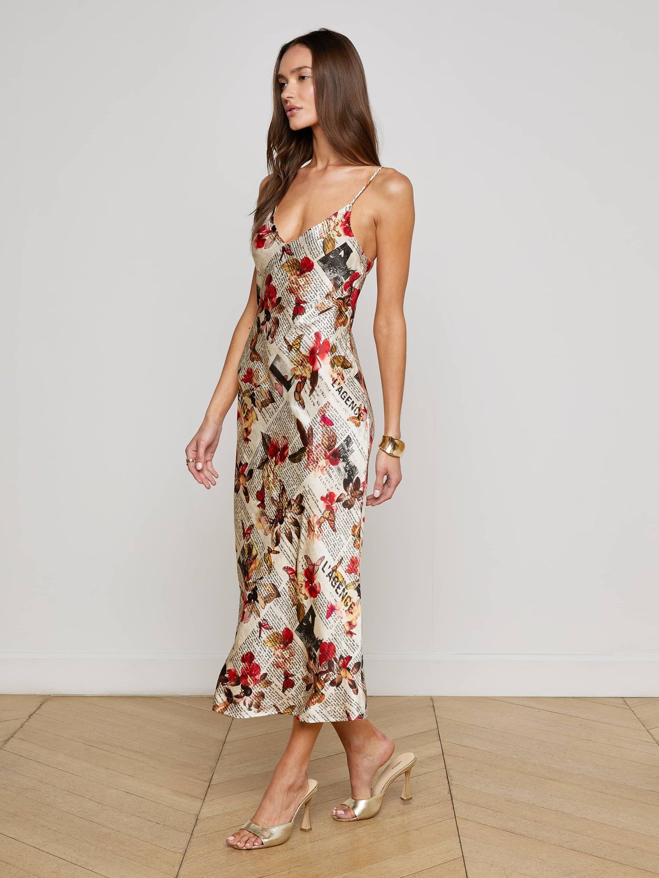 Seridie Silk Slip Dress in Multi Butterfly Rose Newspaper