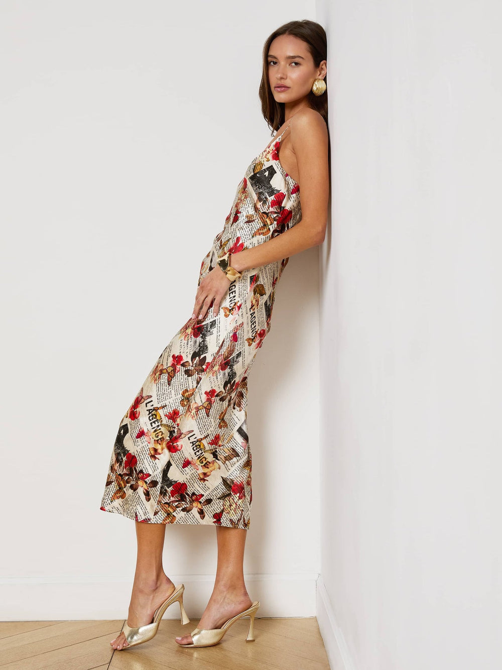 Seridie Silk Slip Dress in Multi Butterfly Rose Newspaper