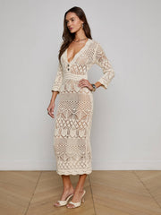 Dovie Pointelle Knit Dress in Ivory/Turquoise Button
