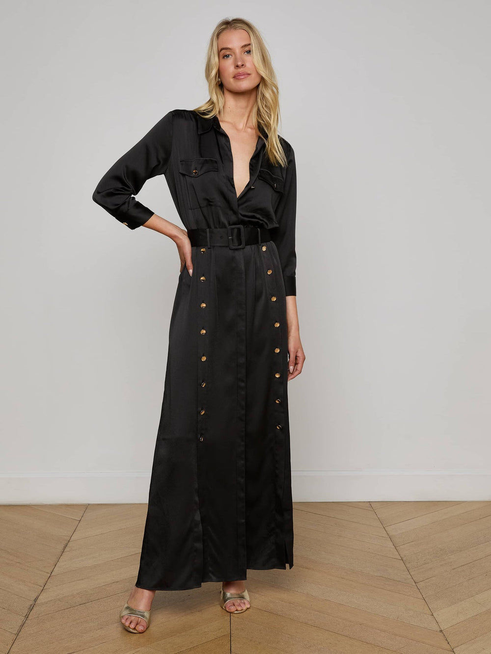 Uriah Satin Maxi Shirt Dress in Black