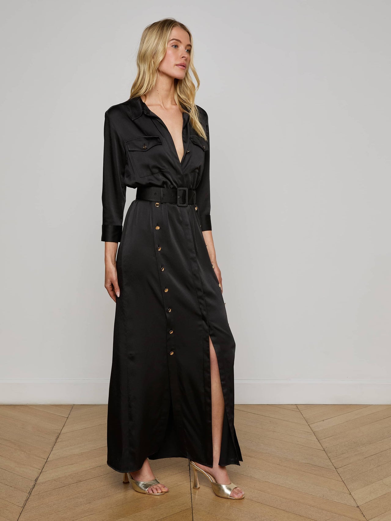 Uriah Satin Maxi Shirt Dress in Black