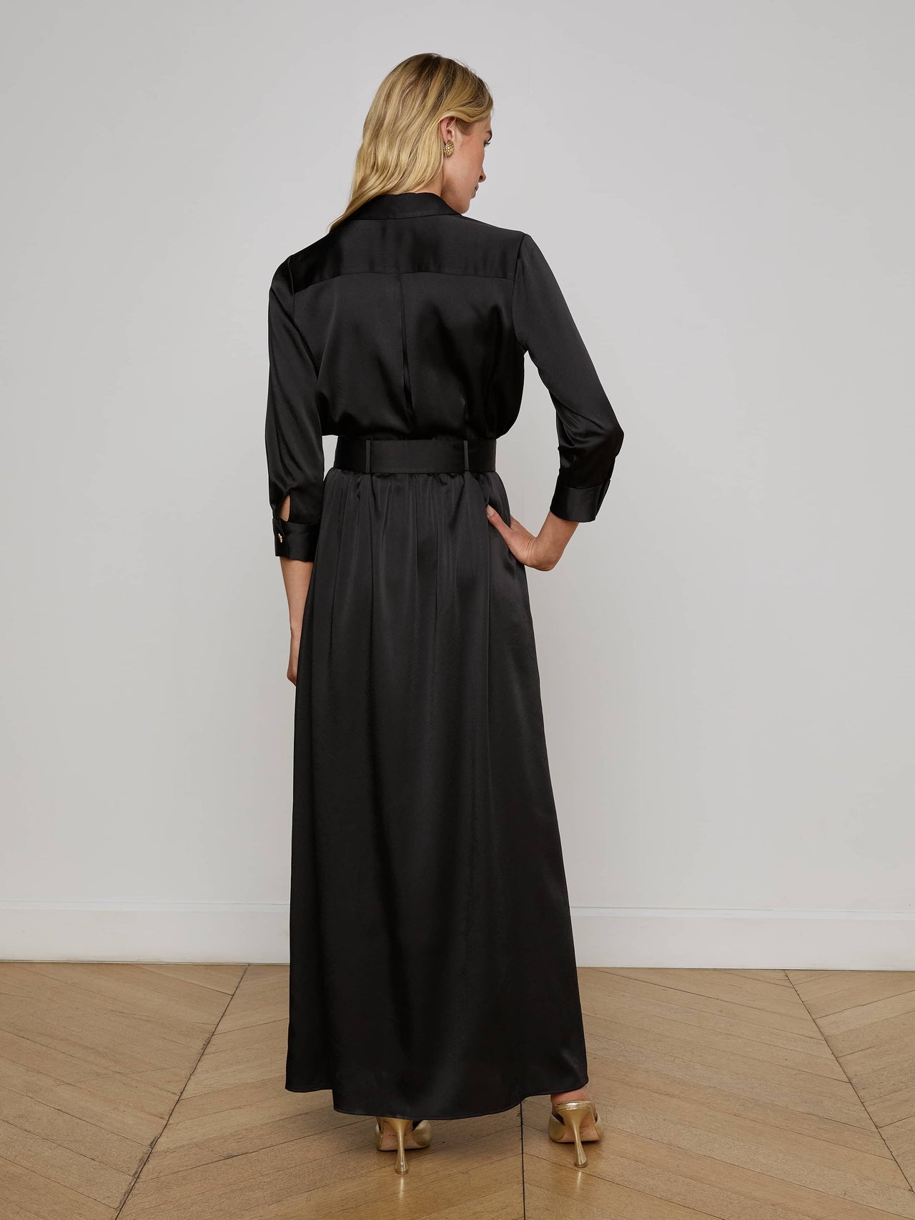 Uriah Satin Maxi Shirt Dress in Black