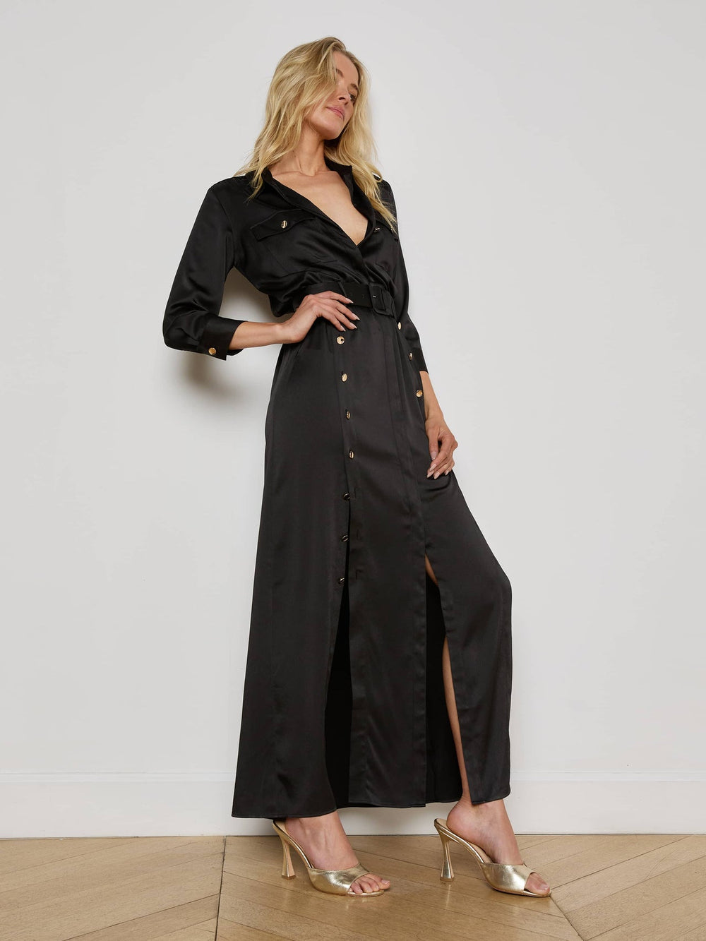 Uriah Satin Maxi Shirt Dress in Black