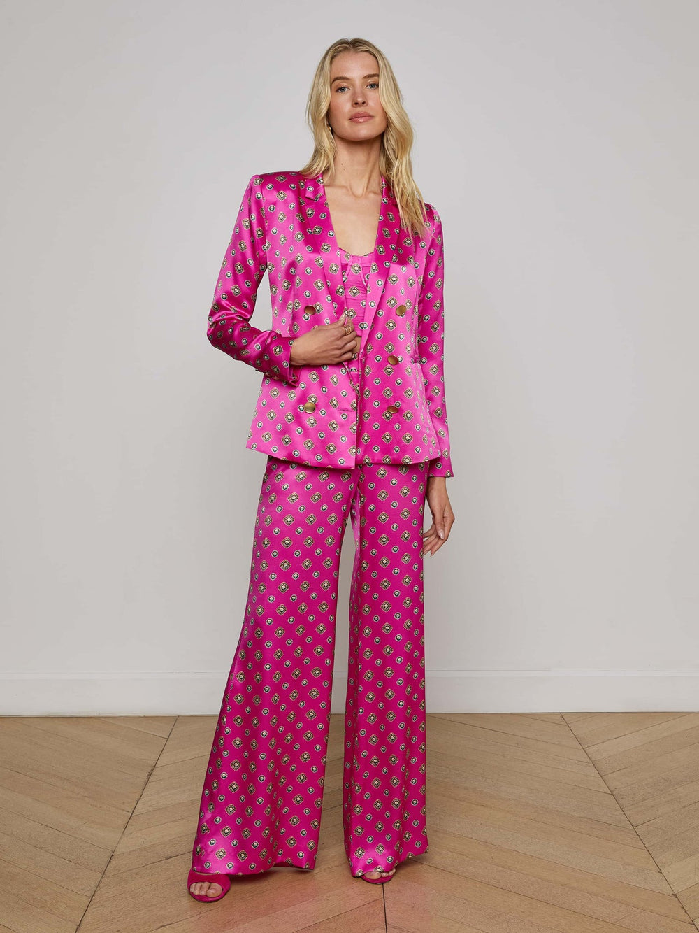 Fuchsia Pilar Silk Wide-Leg Pant in Turquoise Southwestern Geo