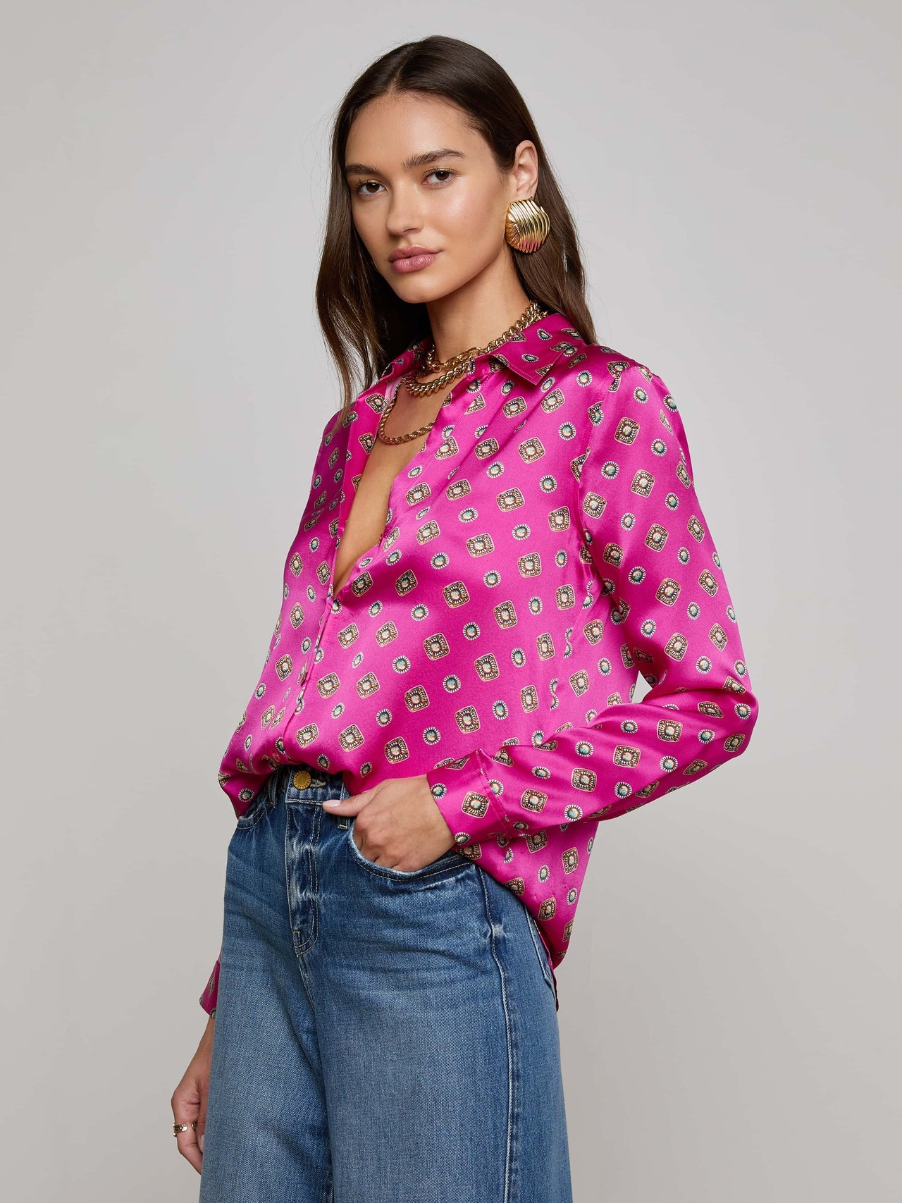 Tyler Silk Blouse in Fuchsia/Turquoise Southwestern Geo