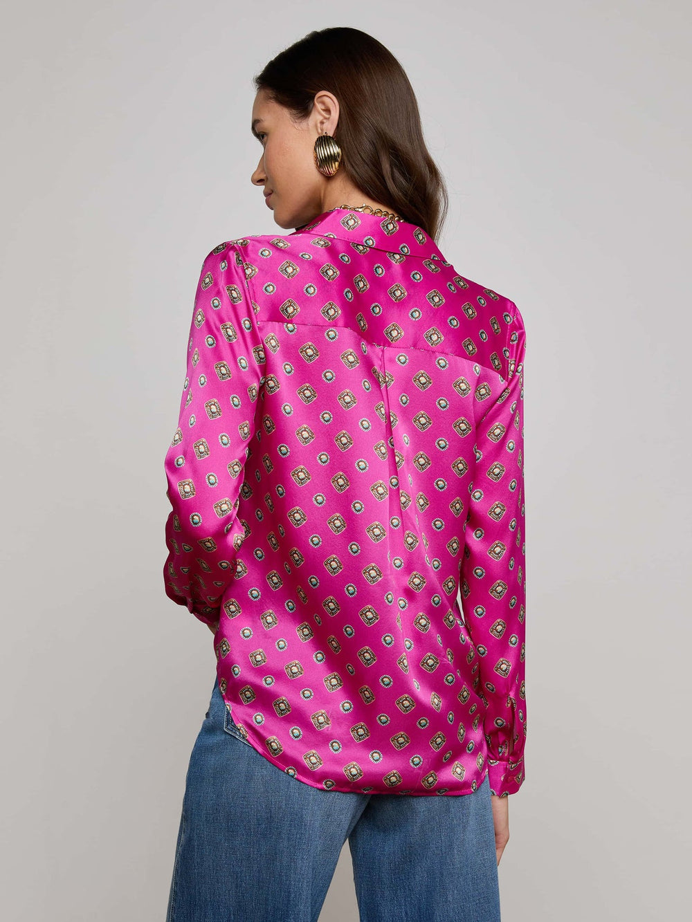 Tyler Silk Blouse in Fuchsia/Turquoise Southwestern Geo