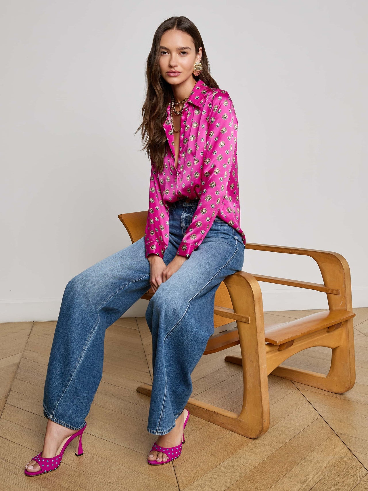 Tyler Silk Blouse in Fuchsia/Turquoise Southwestern Geo