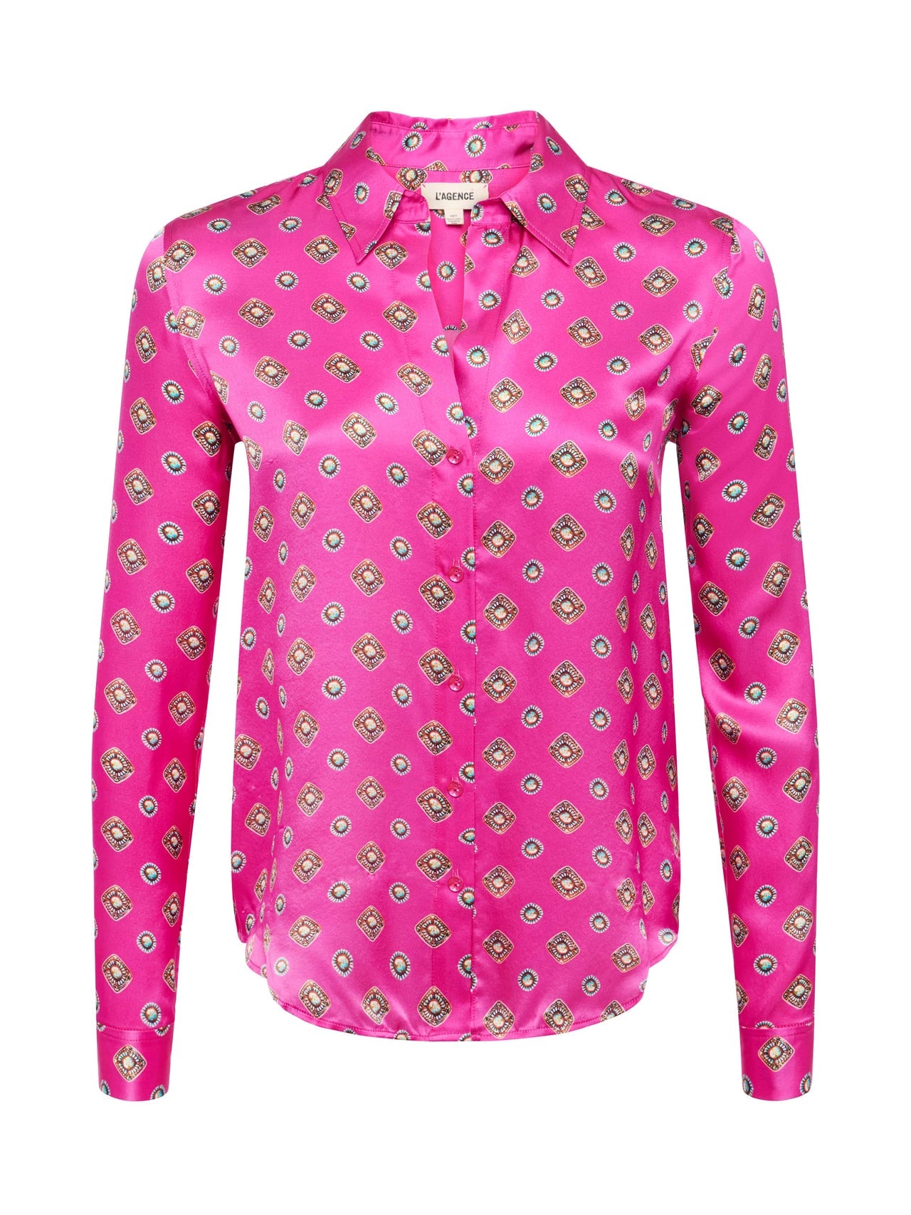 Tyler Silk Blouse in Fuchsia/Turquoise Southwestern Geo