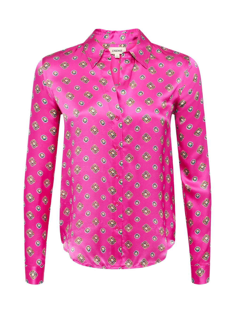 Tyler Silk Blouse in Fuchsia/Turquoise Southwestern Geo