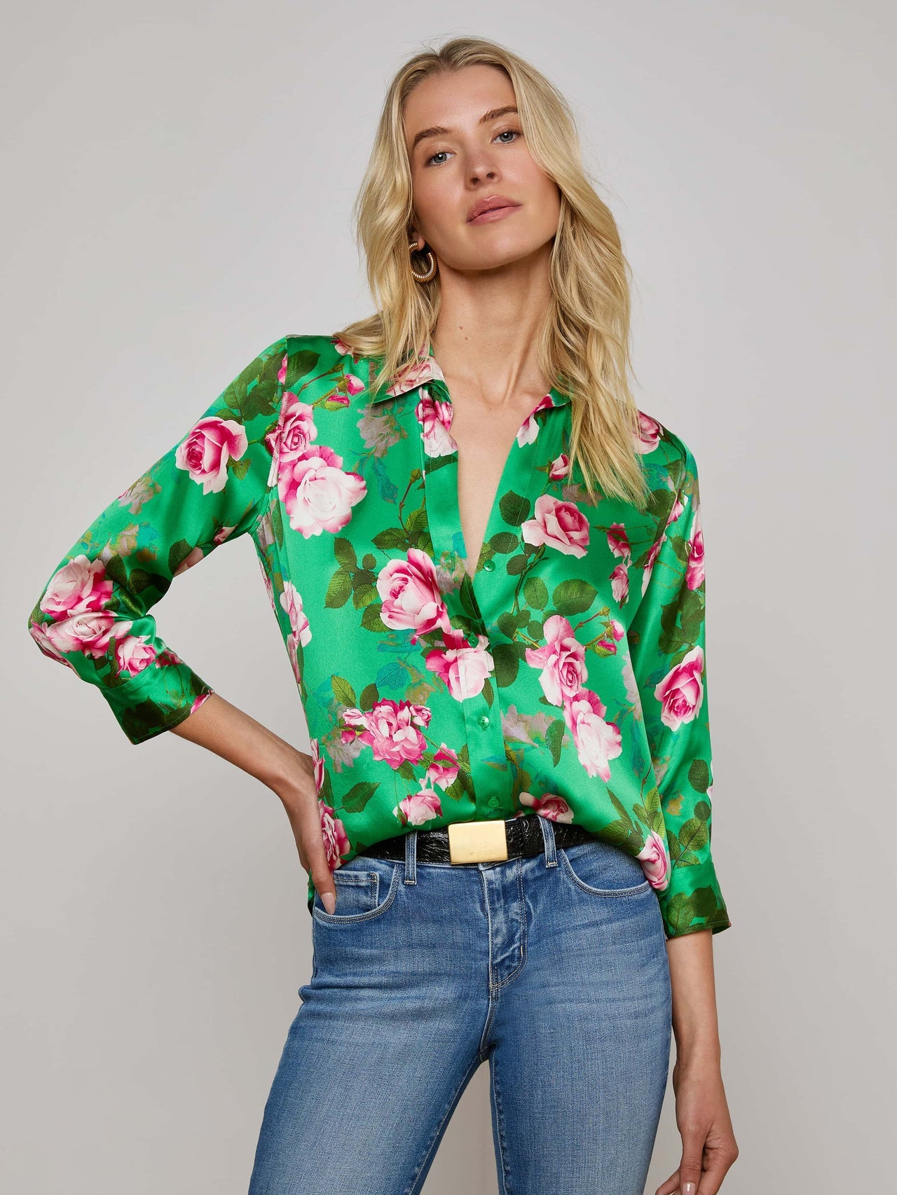 Dani Silk Blouse in Green Multi Santa Fe Rose
