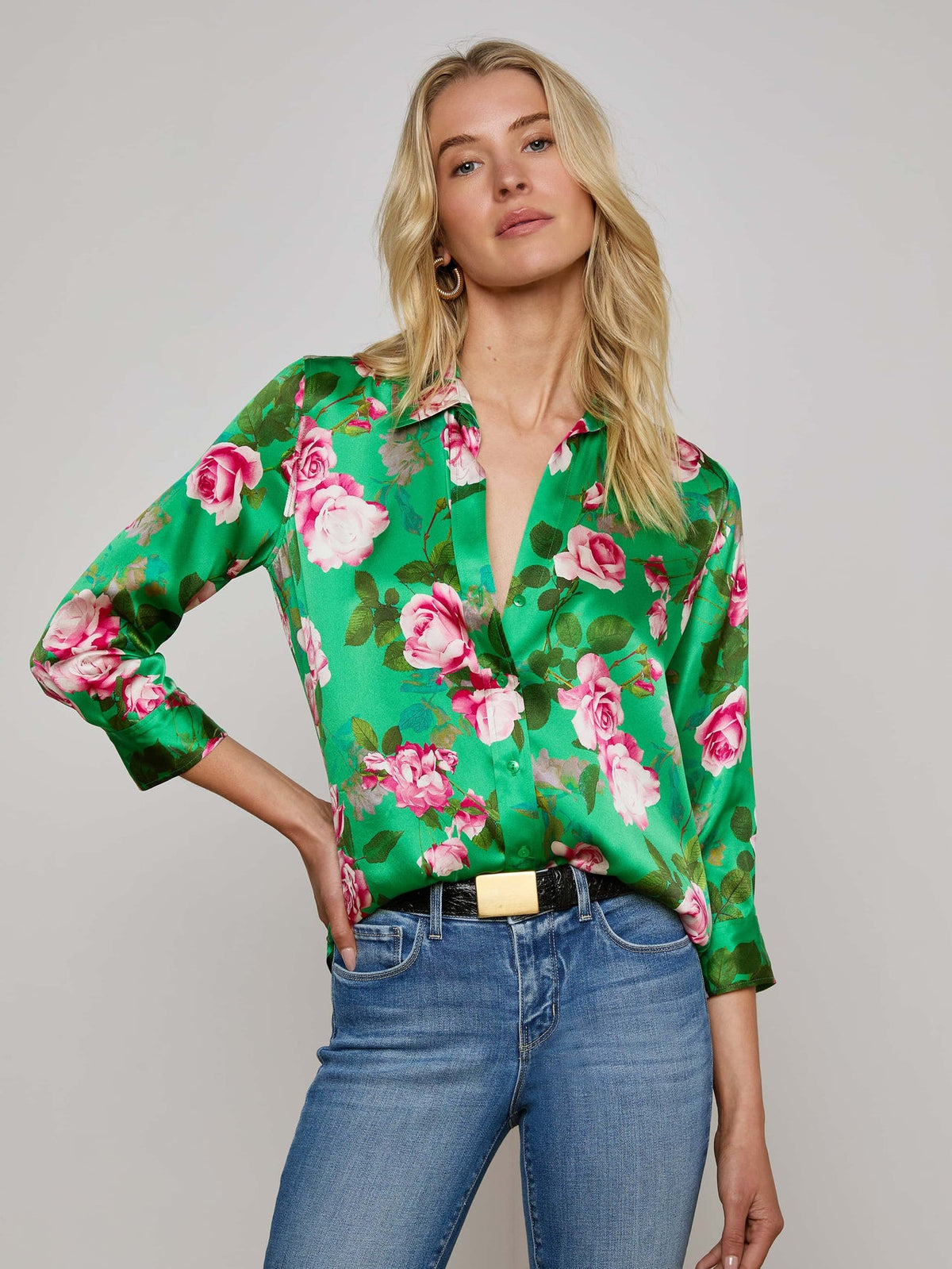Dani Silk Blouse in Green Multi Santa Fe Rose