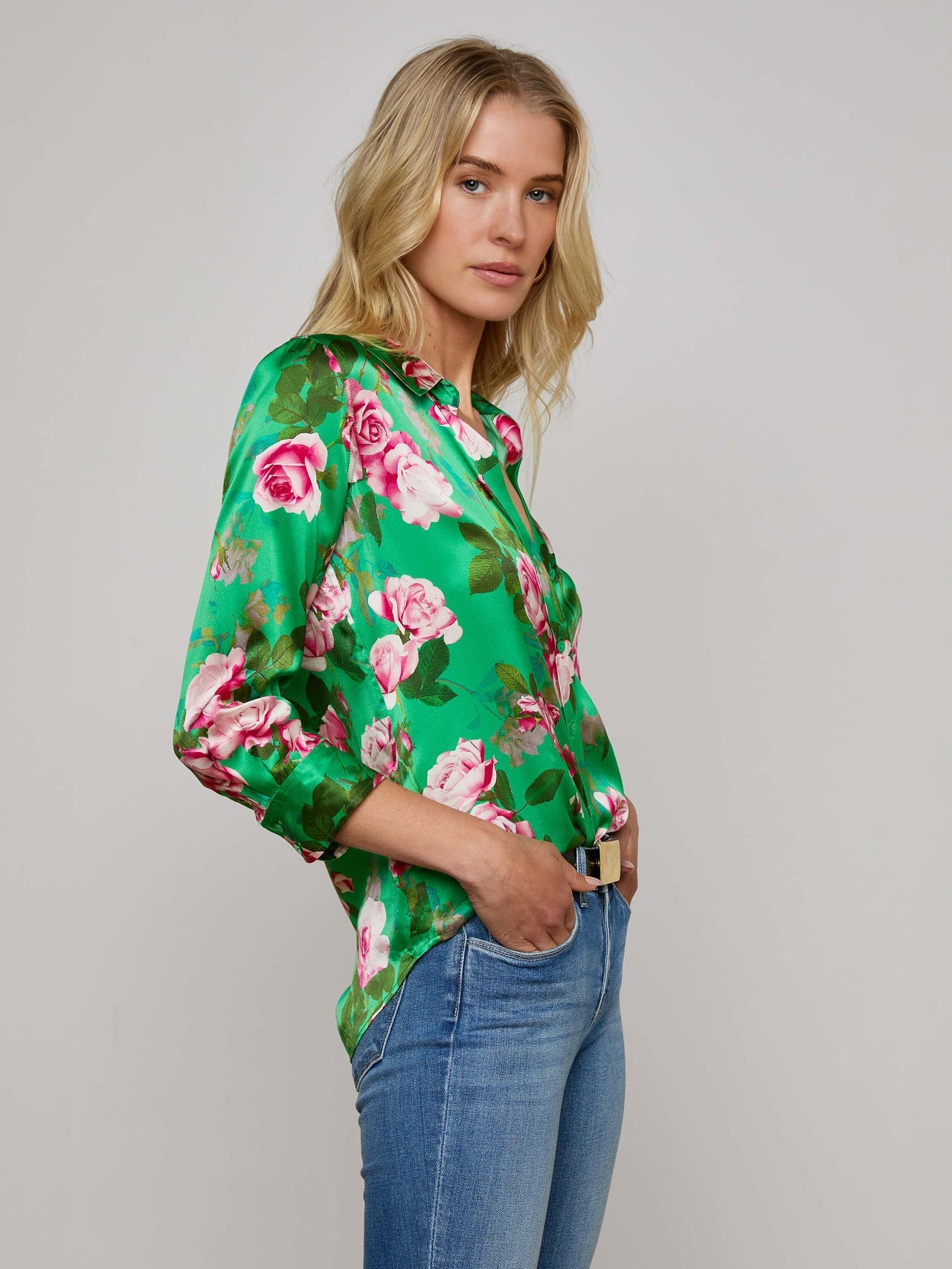Dani Silk Blouse in Green Multi Santa Fe Rose