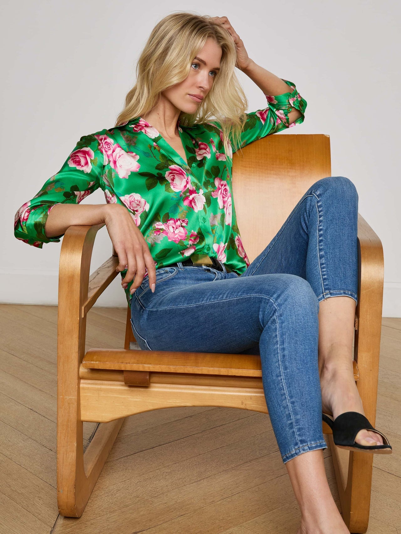 Dani Silk Blouse in Green Multi Santa Fe Rose