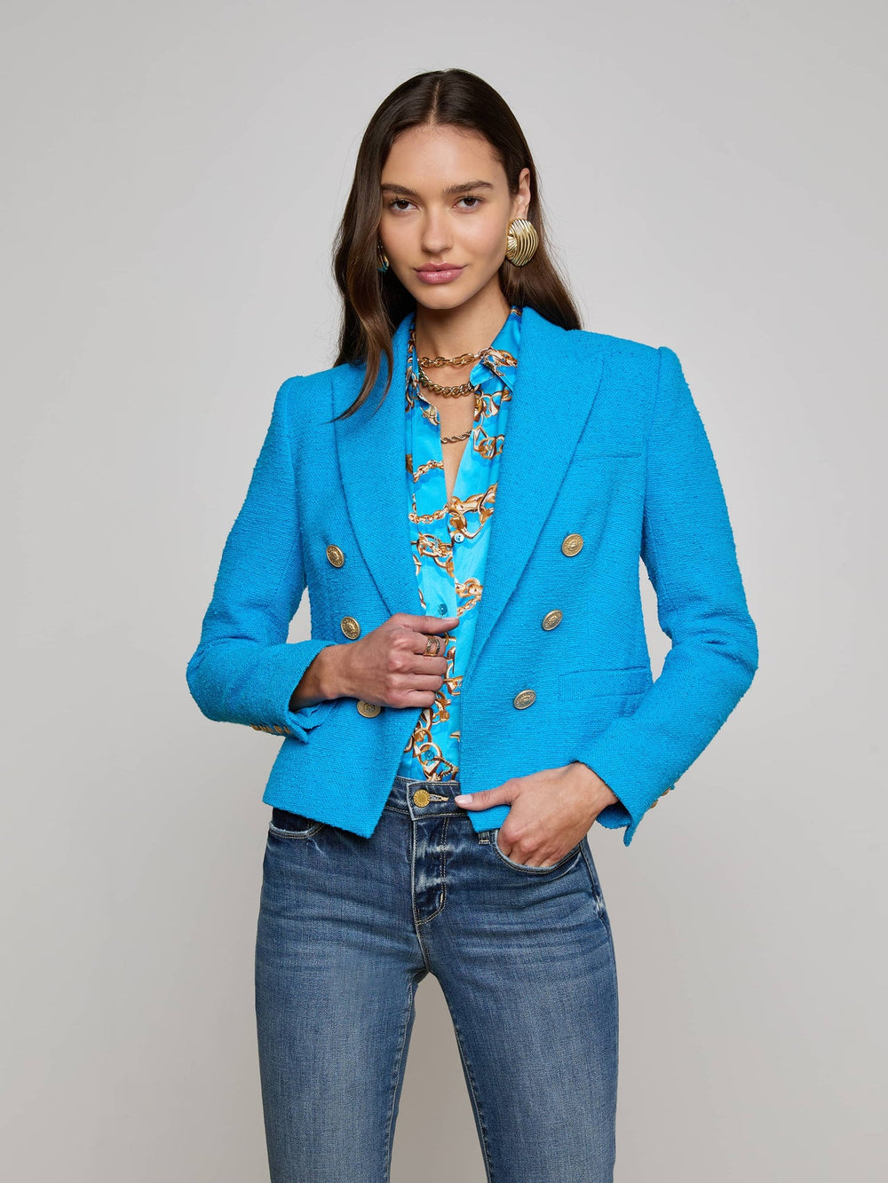Brooke Tweed Blazer in Dresden Blue/Gold Chain