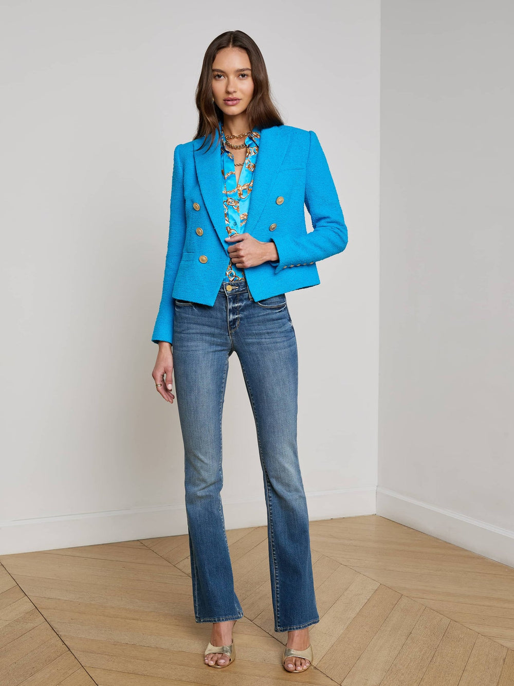 Brooke Tweed Blazer in Dresden Blue/Gold Chain