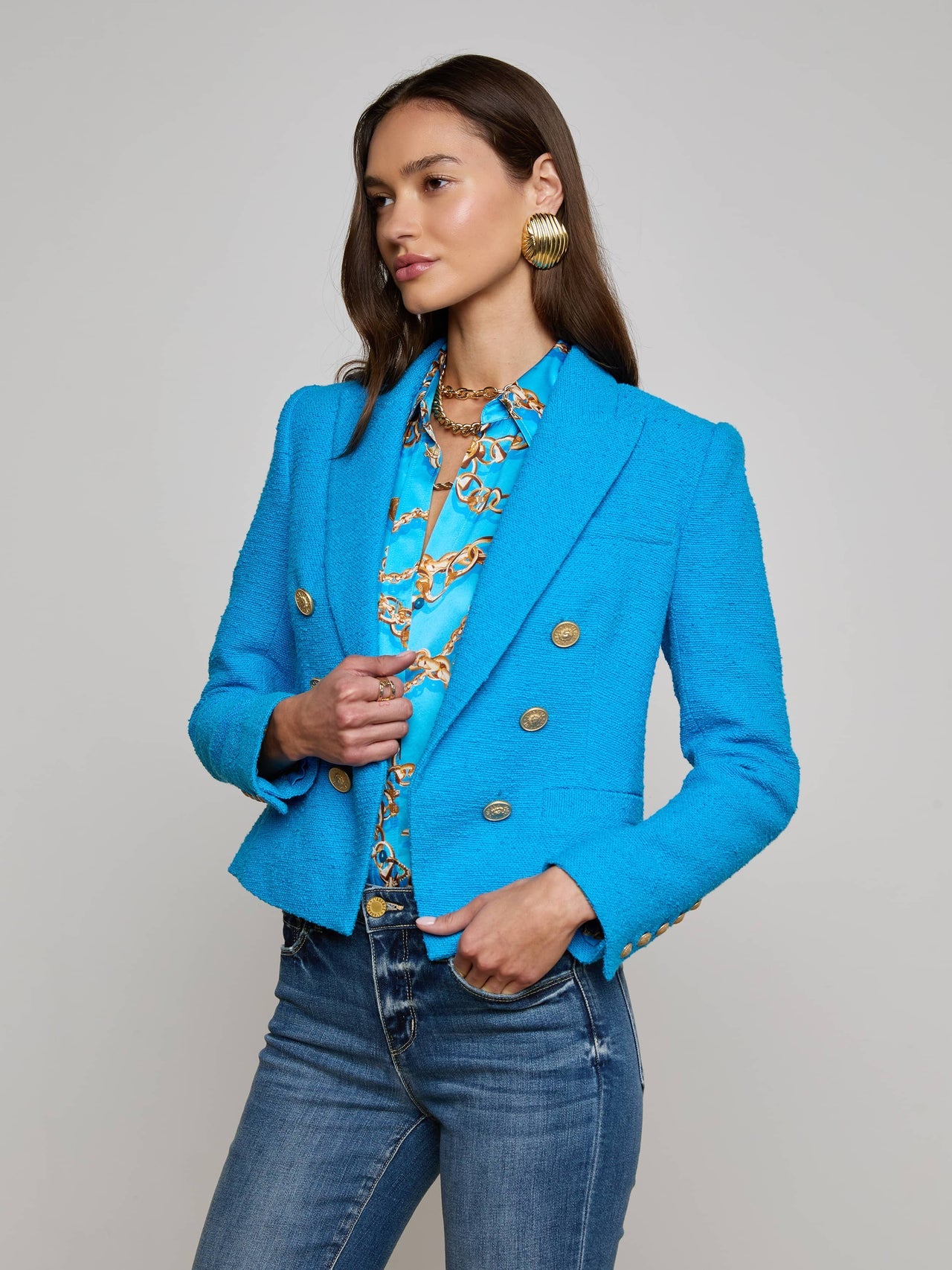 Brooke Tweed Blazer in Dresden Blue/Gold Chain