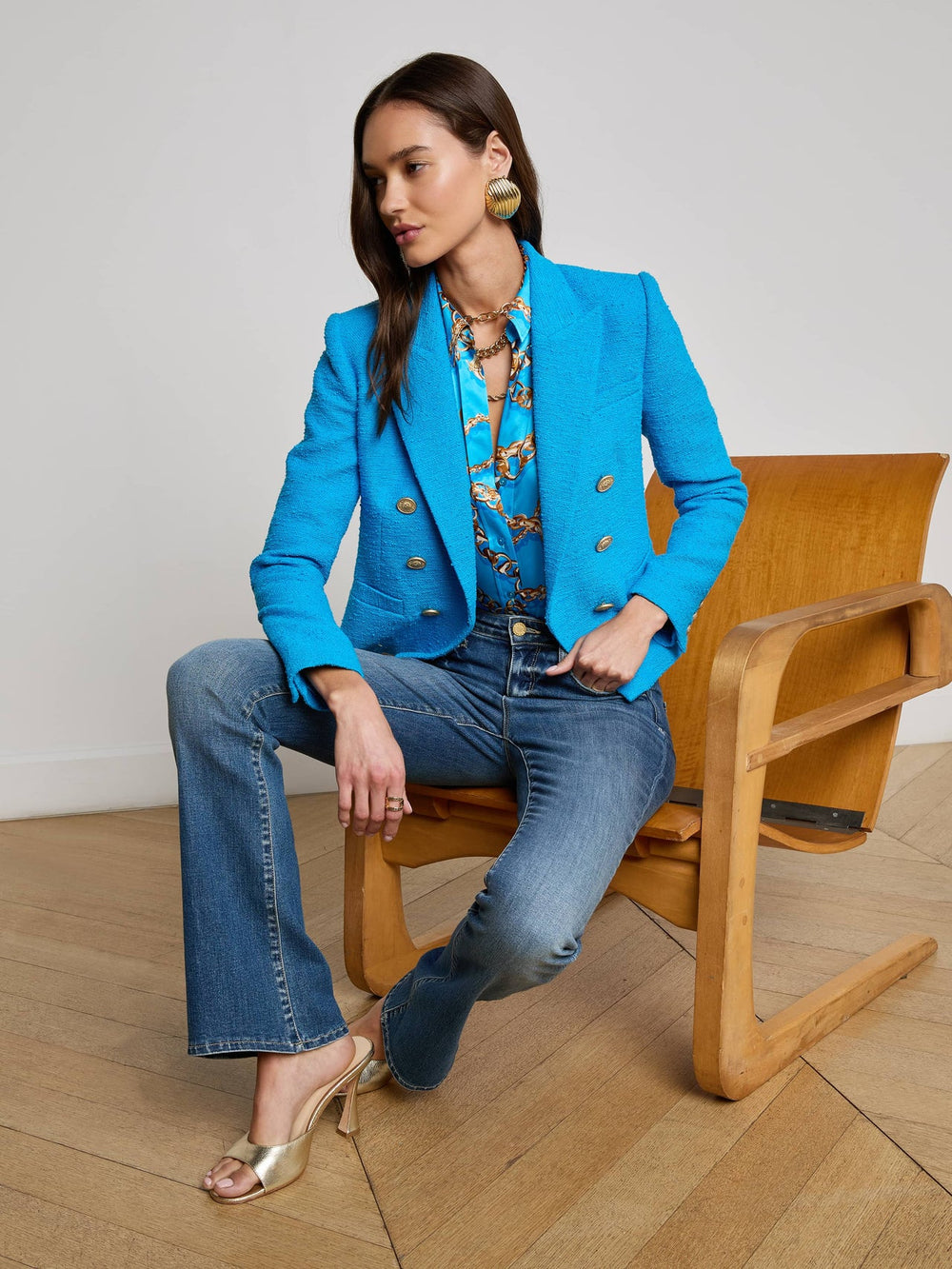 Brooke Tweed Blazer in Dresden Blue/Gold Chain