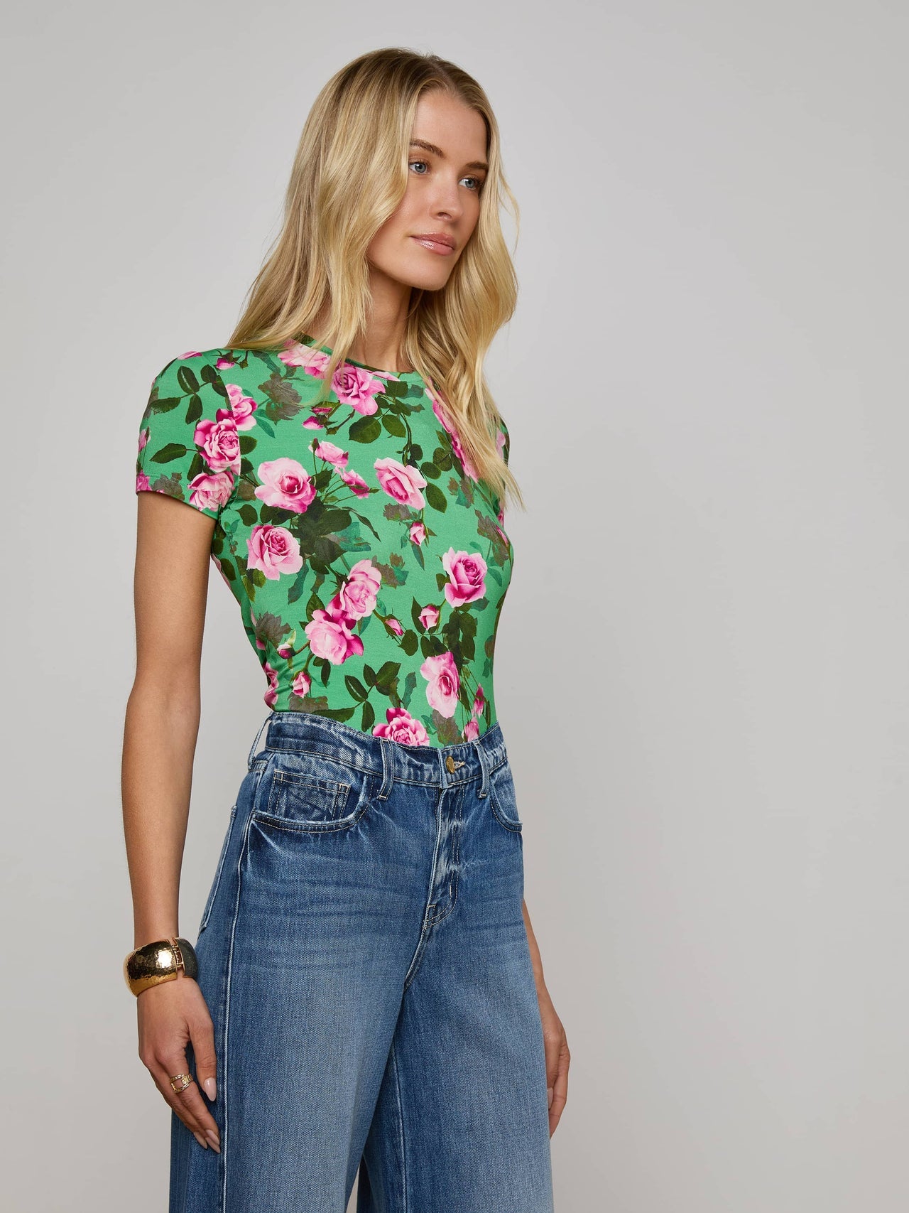 Ressi Fitted Tee in Green Multi Santa Fe Rose