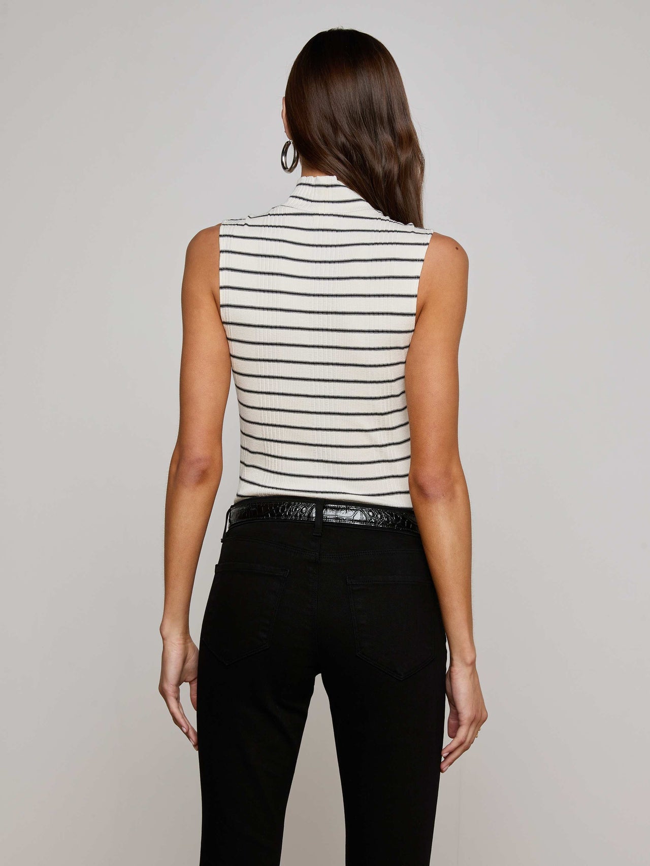 Rosie Mock-Neck Tank in Black/Ivory Stripe