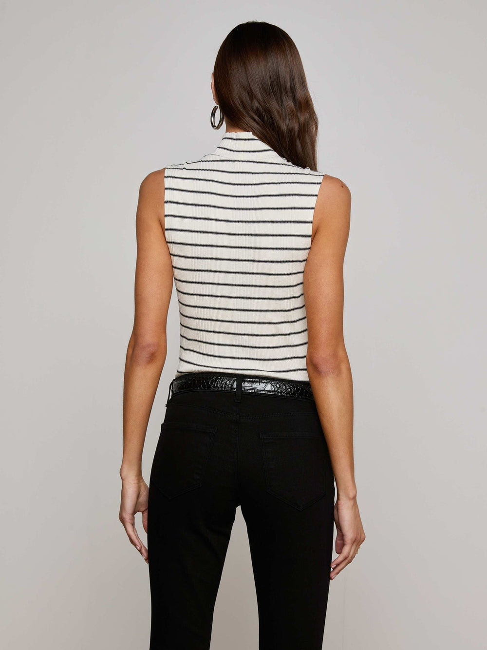 Rosie Mock-Neck Tank in Black/Ivory Stripe