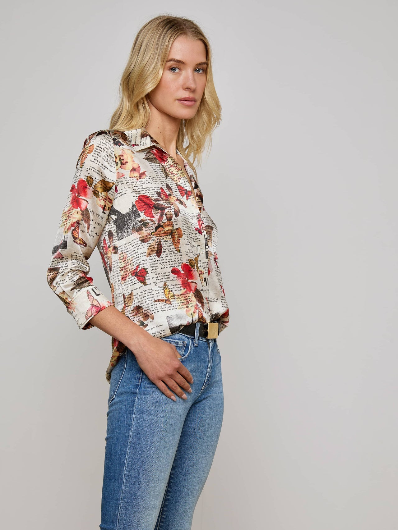 Dani Silk Blouse in Multi Butterfly Rose Newspaper