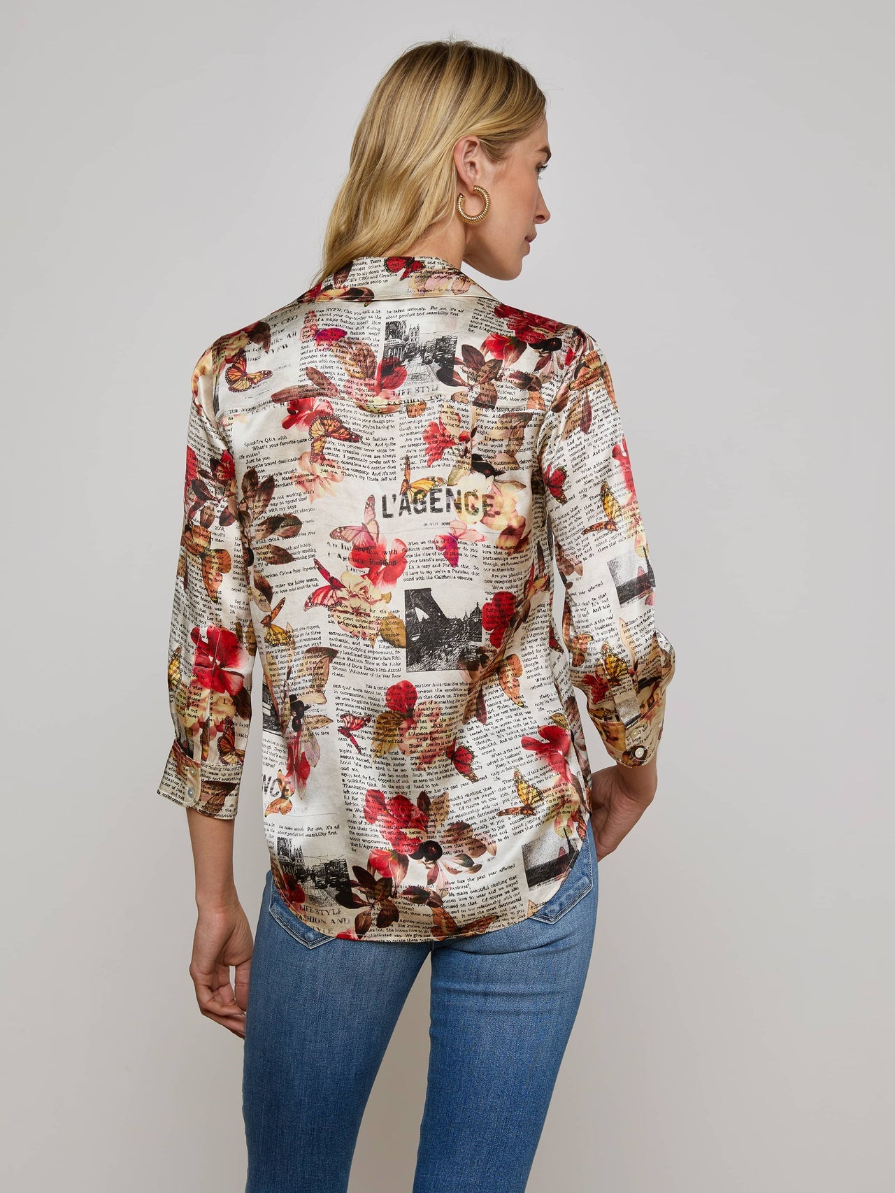 Dani Silk Blouse in Multi Butterfly Rose Newspaper