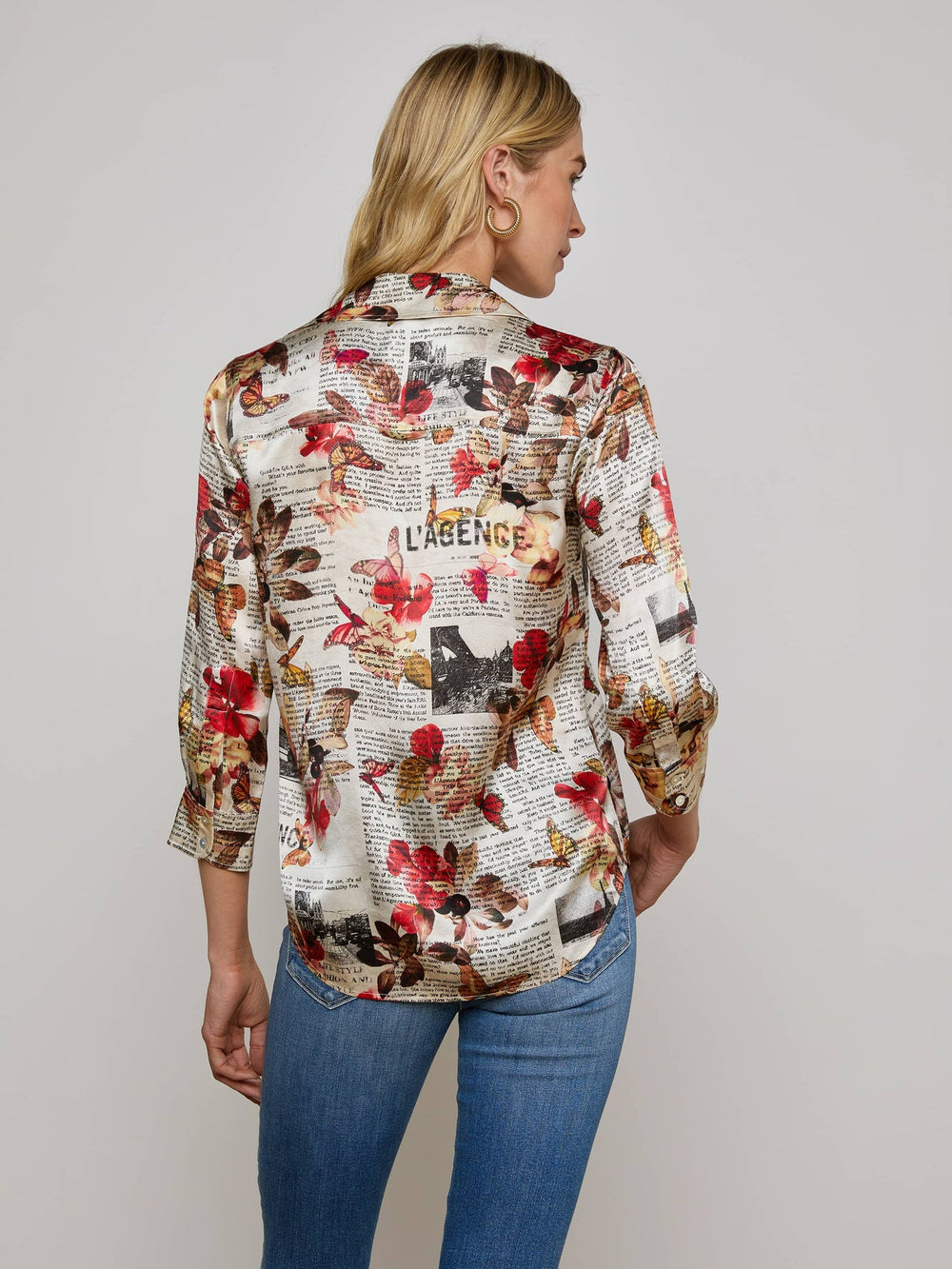 Dani Silk Blouse in Multi Butterfly Rose Newspaper