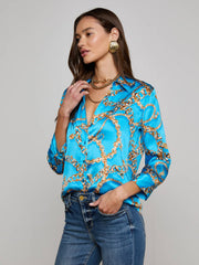 Dani Silk Blouse in Dresden Blue/Gold Multi Southwest Chain