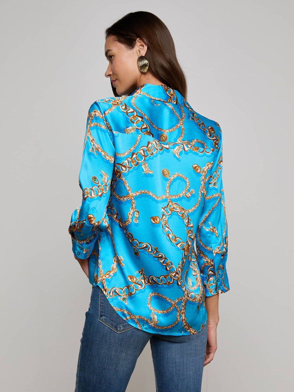 Dani Silk Blouse in Dresden Blue/Gold Multi Southwest Chain