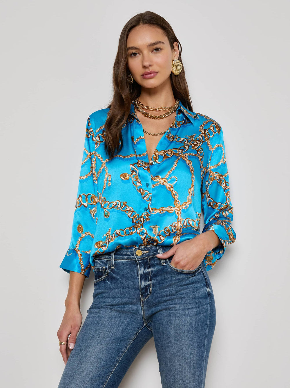Dani Silk Blouse in Dresden Blue/Gold Multi Southwest Chain