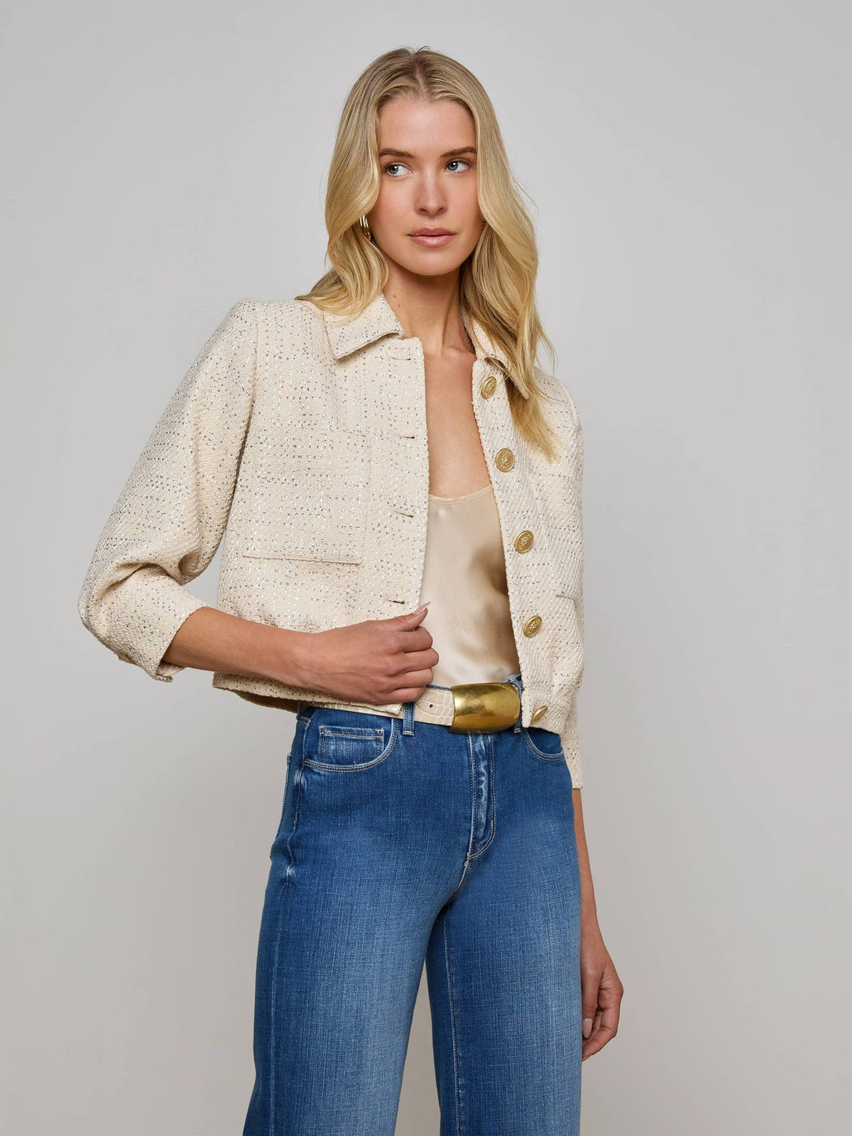 Jia Sequined Tweed Jacket in Ecru Multi Color Sequin Tweed