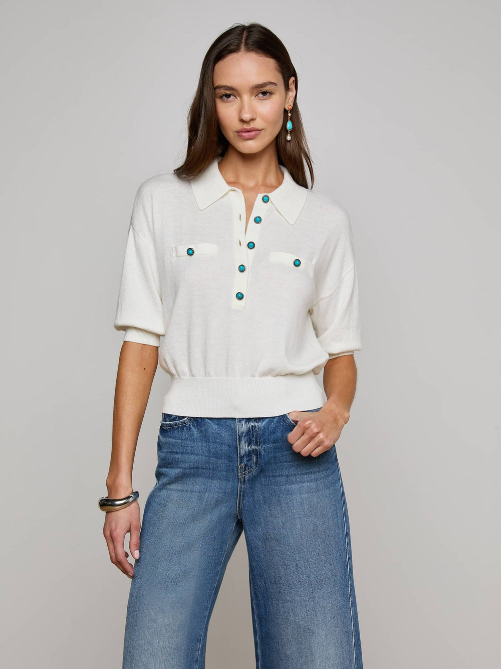Masaki Cropped Sweater in White/Turquoise